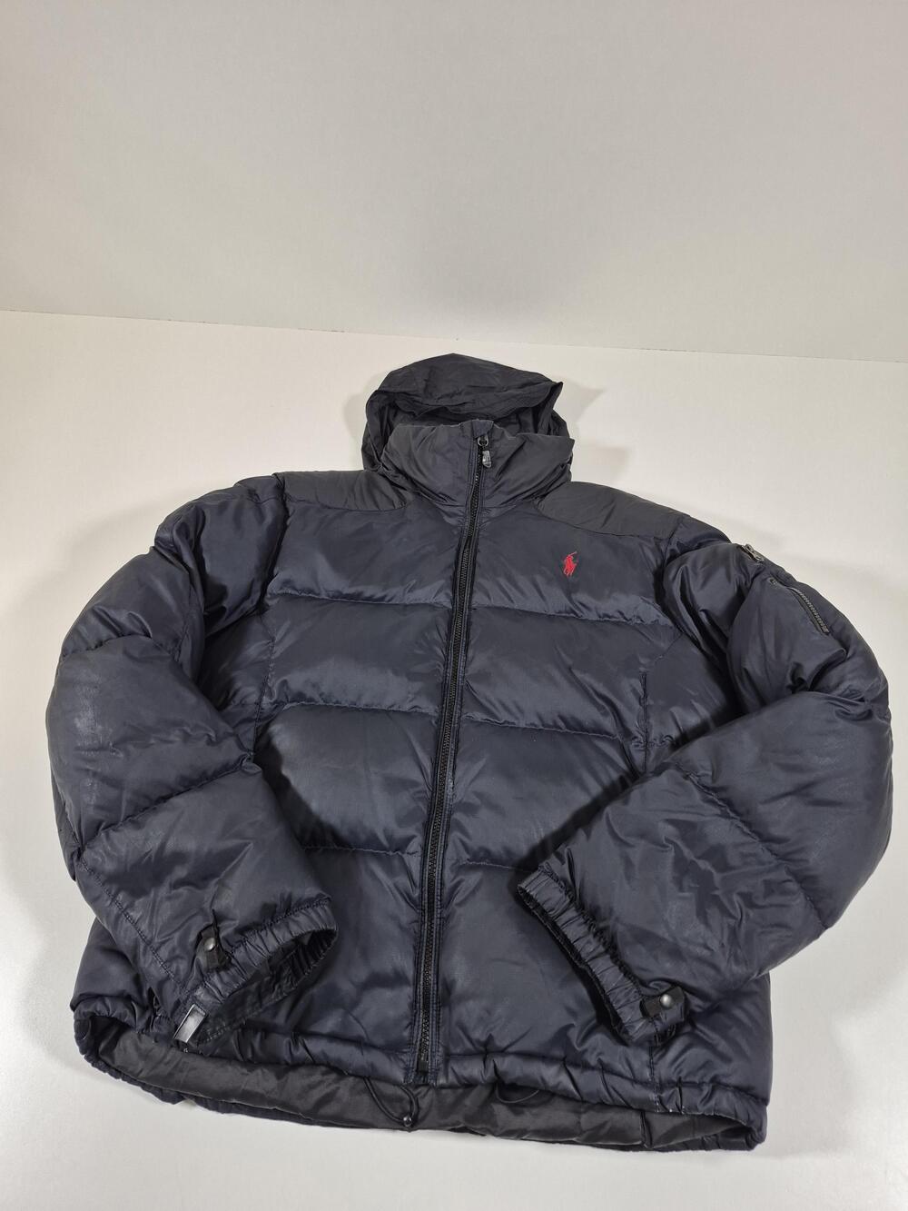Polo Ralph Lauren Men's L Black Down Puffer Hooded Jacket Full Zip FLAW